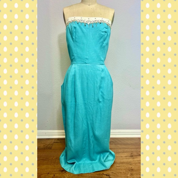Vtg 40s Turquoise Linen Strapless Dress Beaded Bodice Trim Sz S/M Old Hollywood - Picture 1 of 9